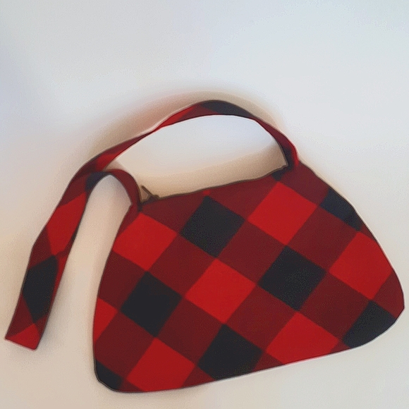 Wool Buffalo Plaid Check Red Black Curvy Shoulder Bag Romantic Hand Made OOAK - Picture 2 of 8
